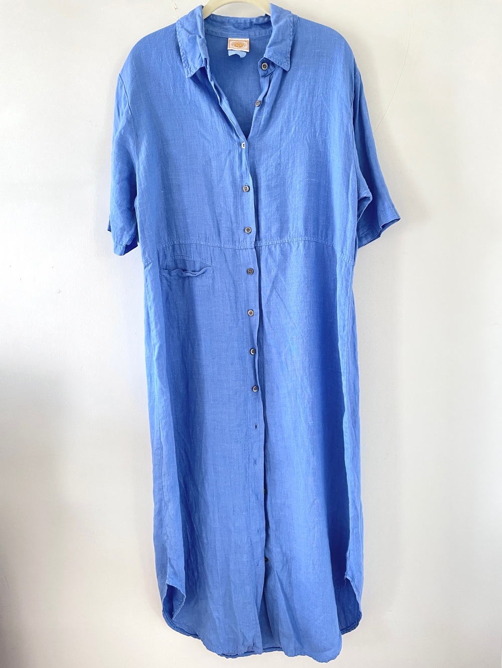 Vintage Maxi Linen Dress Cornflower Blue Buttondown Short Sleeve Lagenlook Large
